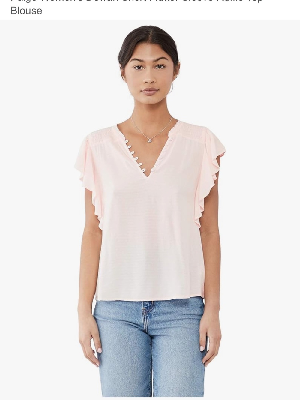 PAIGE Dewan Light Pink Ruffle Sleeve V-Neck Women's Top